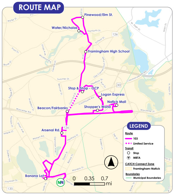 Map of new Route 103 between PInefield and downtown Framingham
